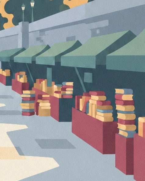Die Bücher mit bunten Buchrücken in den Kästen der Bouquinisten unter ihren grünen Markisen