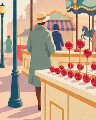 Ein Mann in grünem Mantel und hellem Hut vor dem Liebesapfel-Stand