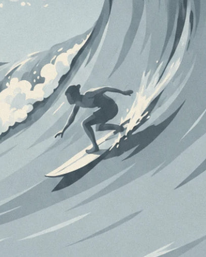 The surfer leaning over his white board in the hollow of a large blue-grey wave