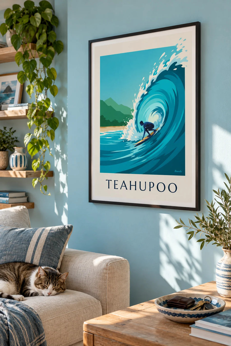 Poster Surfer im Tube der Welle von Teahupoo auf Tahiti: gerahmt an der Wand