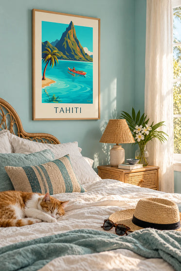 Poster Polynesische Piroge auf dem Ozean bei Tahiti: gerahmt an der Wand