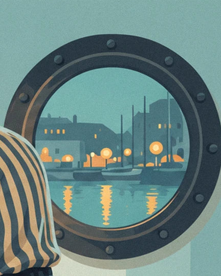 The open porthole overlooking the harbour at dusk, with moored sailing boats and glowing street lamps