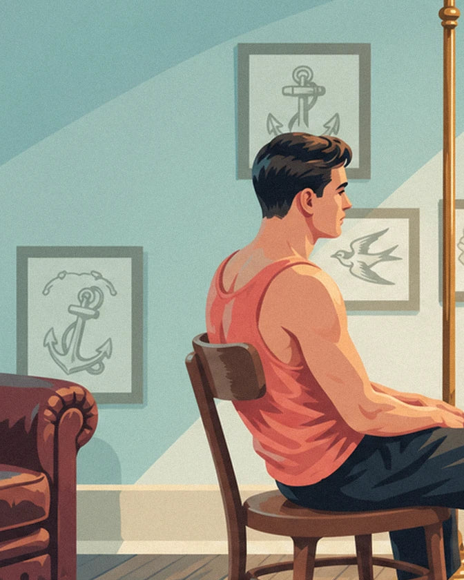 The client in a pink vest, sitting on his chair in front of drawings of anchors and a swallow