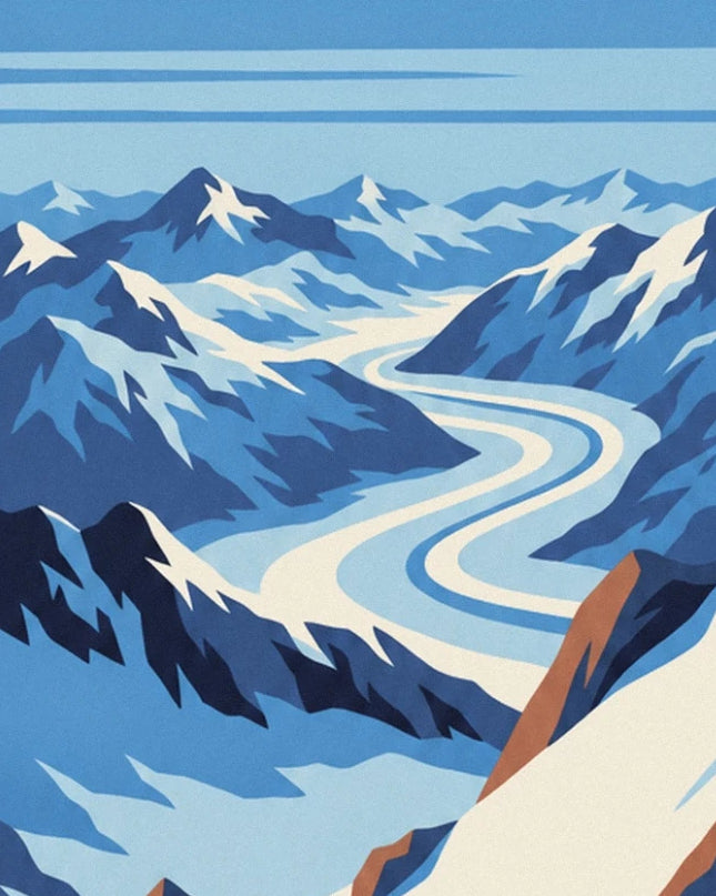 Ein gewundener Gletscher mit blauen und weißen Kurven zwischen den verschneiten Bergen