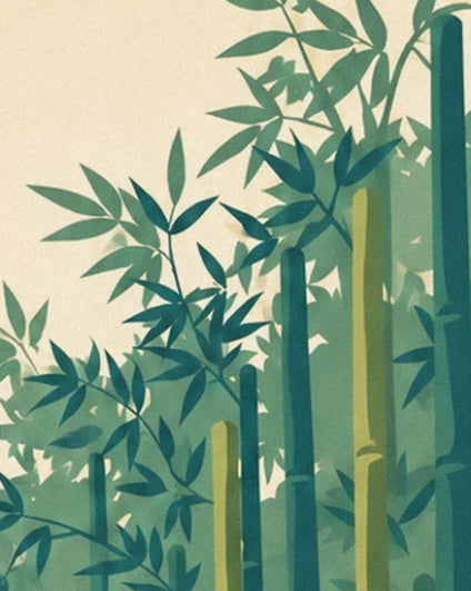 Les feuilles effilées des bambous sur un fond crème lumineux