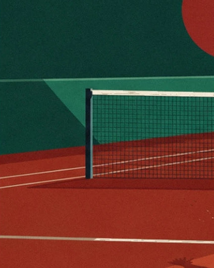 The net and its dark post on the red clay with white lines