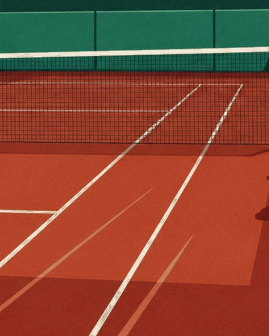 The white lines of the clay court and the net against a green background