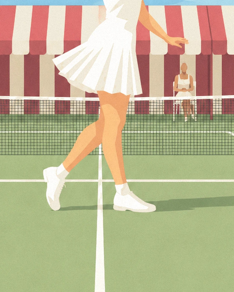 Grass court tennis player in pleated skirt and visor poster: close-up detail