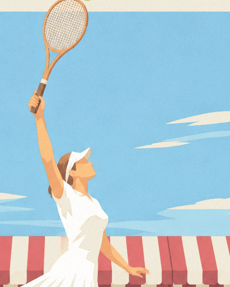 Grass court tennis player in pleated skirt and visor poster: close-up detail