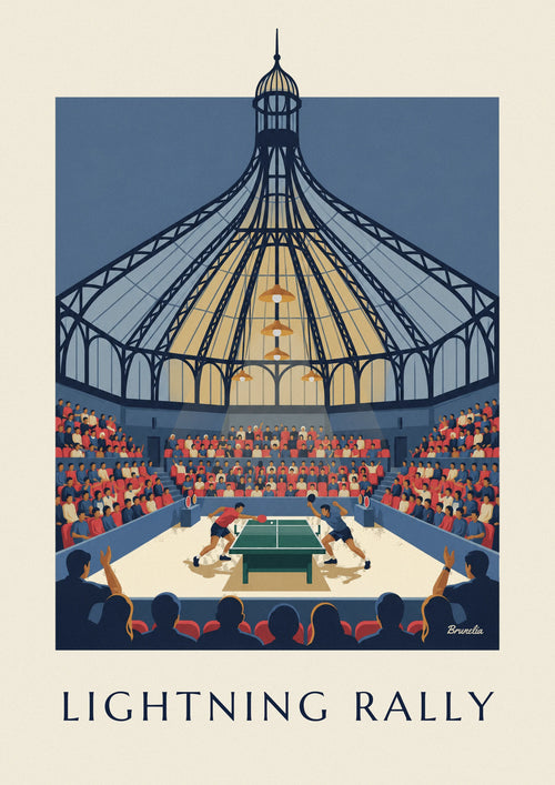 Poster Tischtennisspiel unter einem beleuchteten Glasdach: das ganze Poster