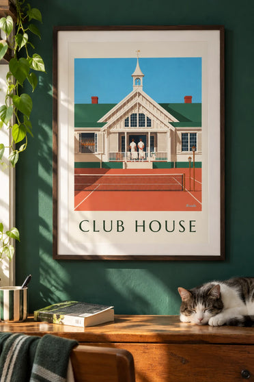 Tennis club locker room and wooden rackets poster: framed on the wall
