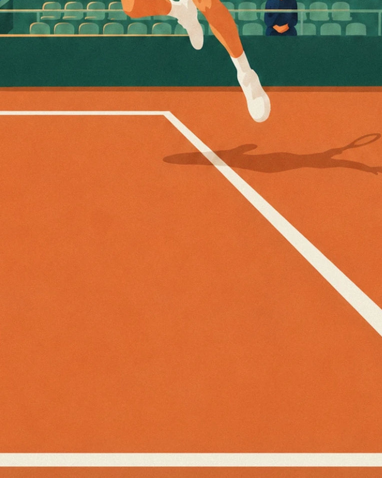 Affiche joueur de tennis en plein smash sur terre battue : détail en gros plan
