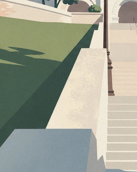 Die Stufen, gesäumt von einer niedrigen cremefarbenen Mauer, Straßenlaternen und einem Rasen mit kräftigen Schatten