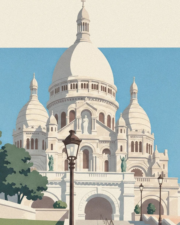 Die elfenbeinfarbenen Kuppeln der Sacré-Cœur und dunkle Straßenlaternen vor blauem Himmel