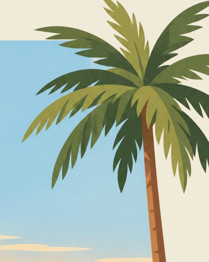 The palm tree with green foliage silhouetted against a light blue sky