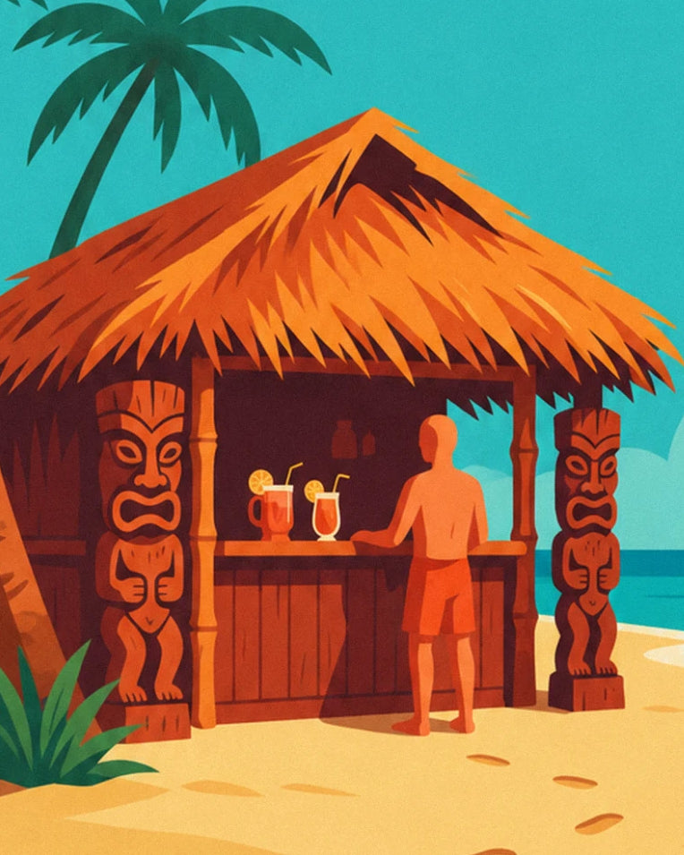 Poster tropische Tiki-Bar am Strand mit Palmen: Detail in Nahaufnahme