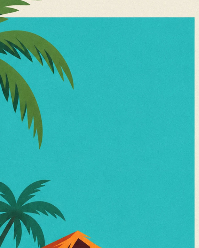 Poster tropische Tiki-Bar am Strand mit Palmen: Detail in Nahaufnahme