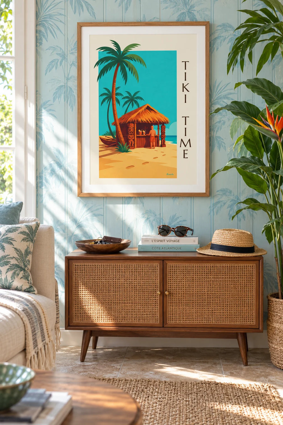 Poster tropische Tiki-Bar am Strand mit Palmen: gerahmt an der Wand