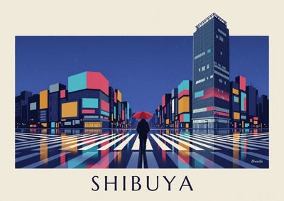 Affiche passage piéton de Shibuya la nuit sous la pluie : l'affiche entière