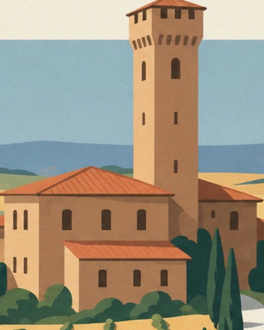 The Tuscan villa with orange tiled roofs and its tall ochre tower