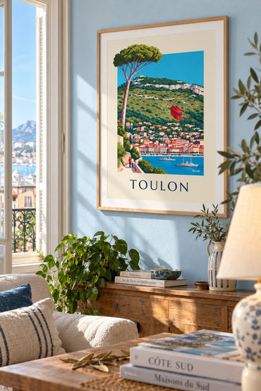Affiche téléphérique du mont Faron au-dessus de Toulon : encadrée au mur
