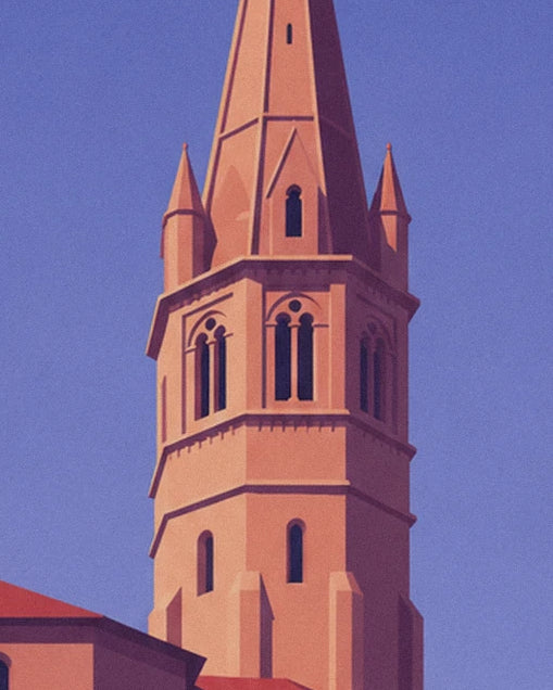 The bell tower of Saint-Sernin, its arched openings and its spire against the blue sky