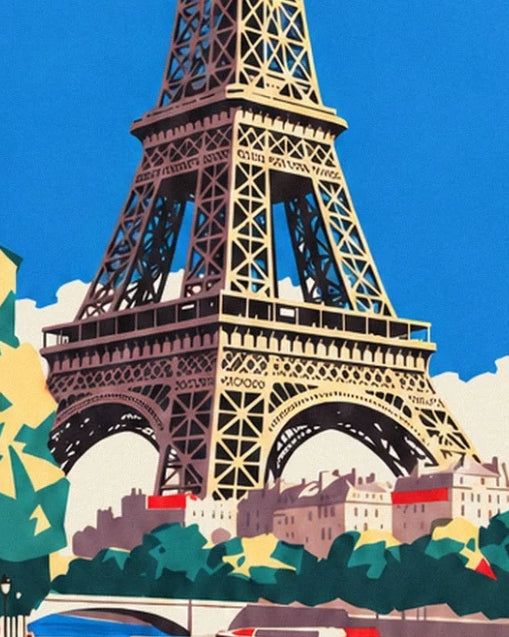 La structure ajourée de la tour Eiffel au-dessus des immeubles et des arbres