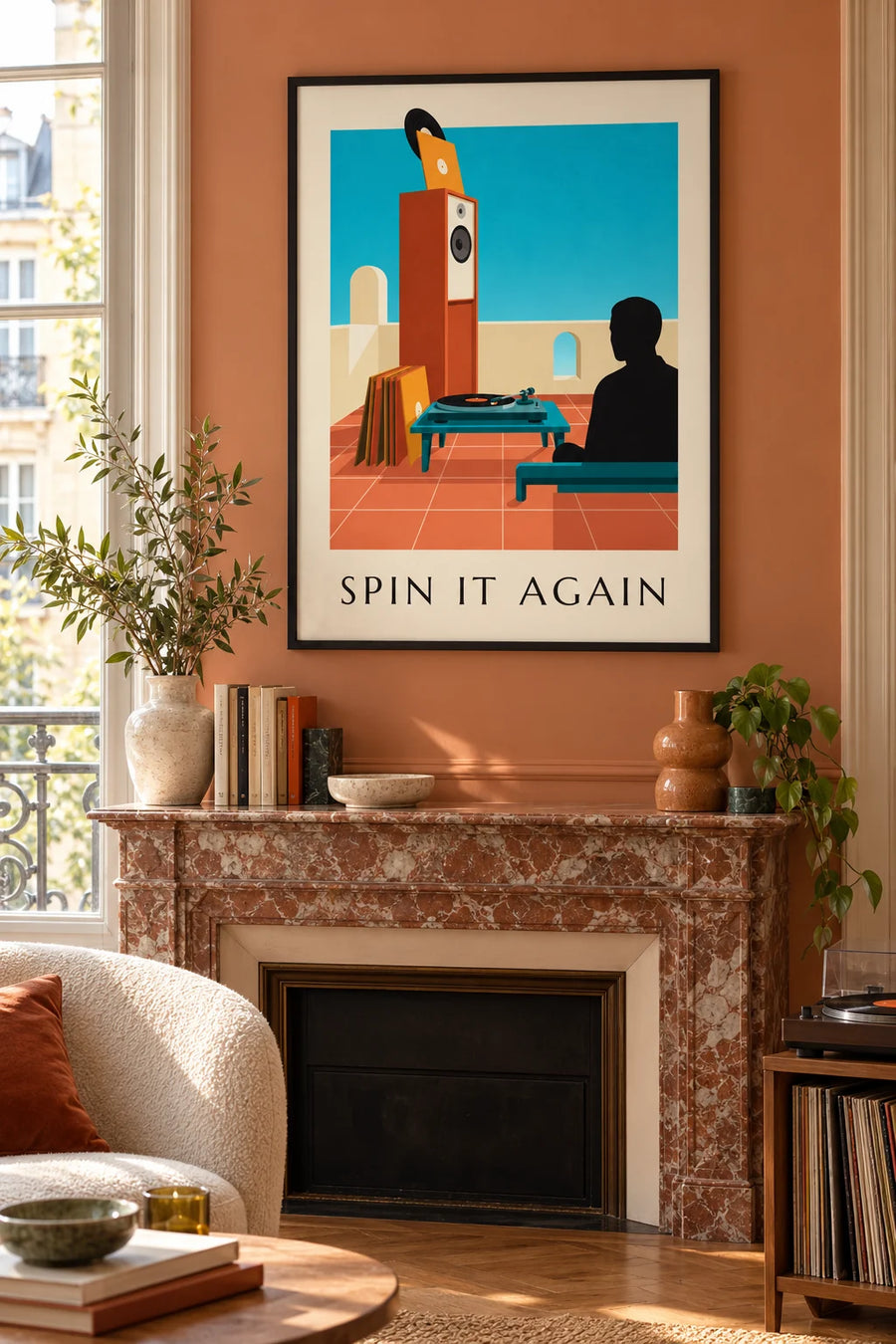 Affiche tourne-disque et vinyle en rotation : encadrée au mur