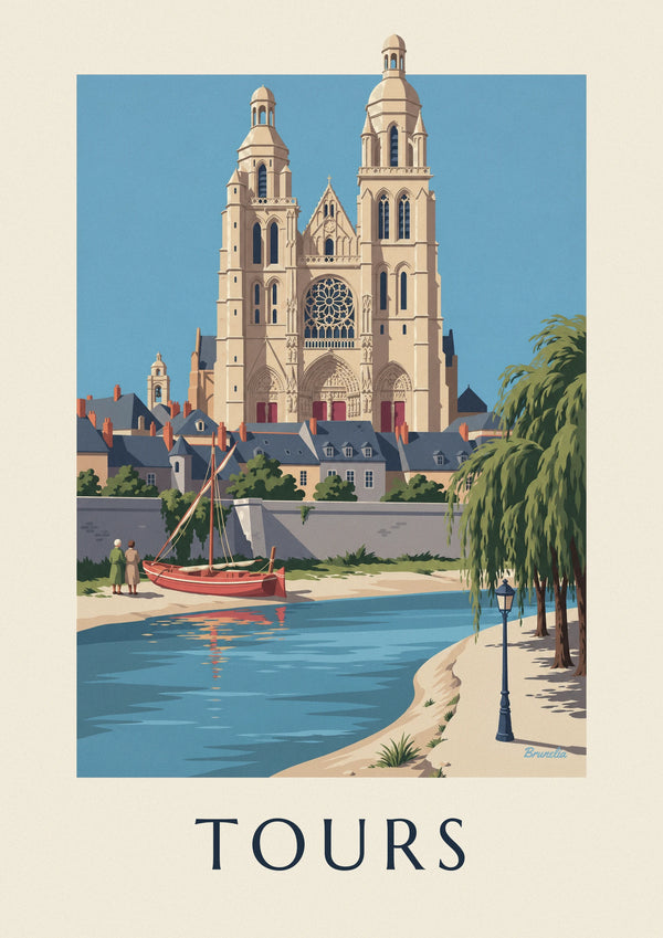 Tours cathedral and Loire riverbank poster