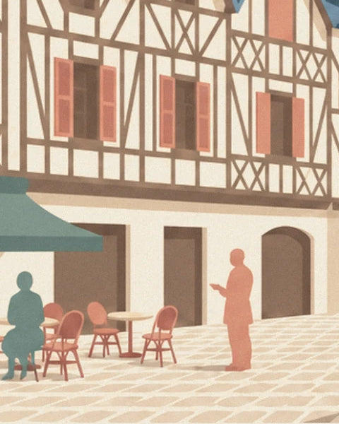 La terrasse du café sous son store vert, avec 1 client attablé et 1 passant debout