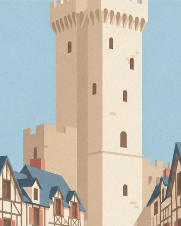 La haute tour crénelée beige sur ciel bleu, dominant les toits d'ardoise bleue