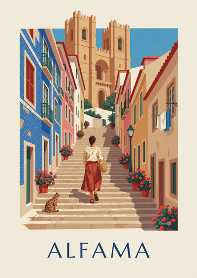 Poster of a flower-lined staircase in the Alfama below Lisbon Cathedral: the full poster