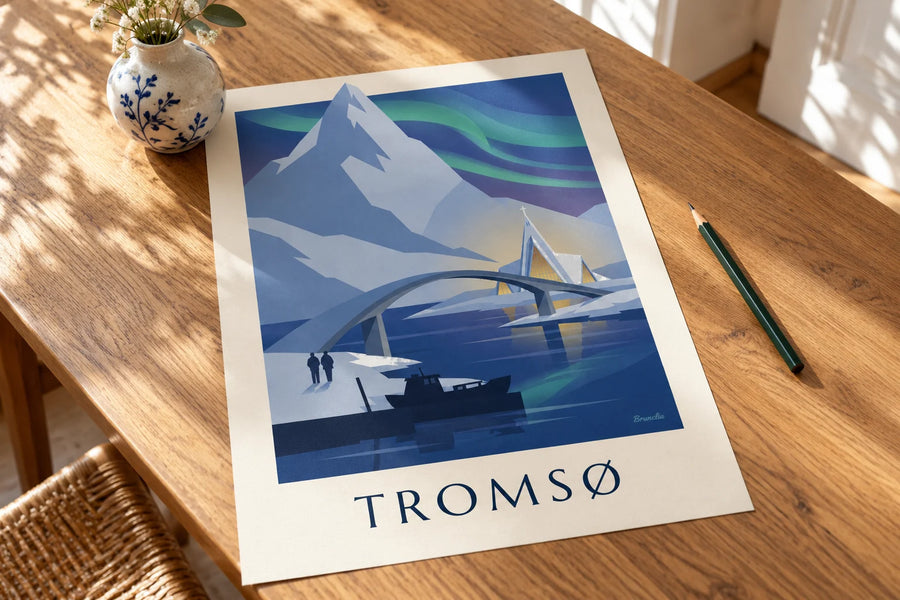 Affiche Tromsø porte de l'Arctique et aurores boréales : posée sur une table
