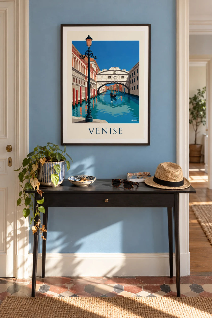 Poster mit Gondel unter der Seufzerbrücke in Venedig: gerahmt an der Wand