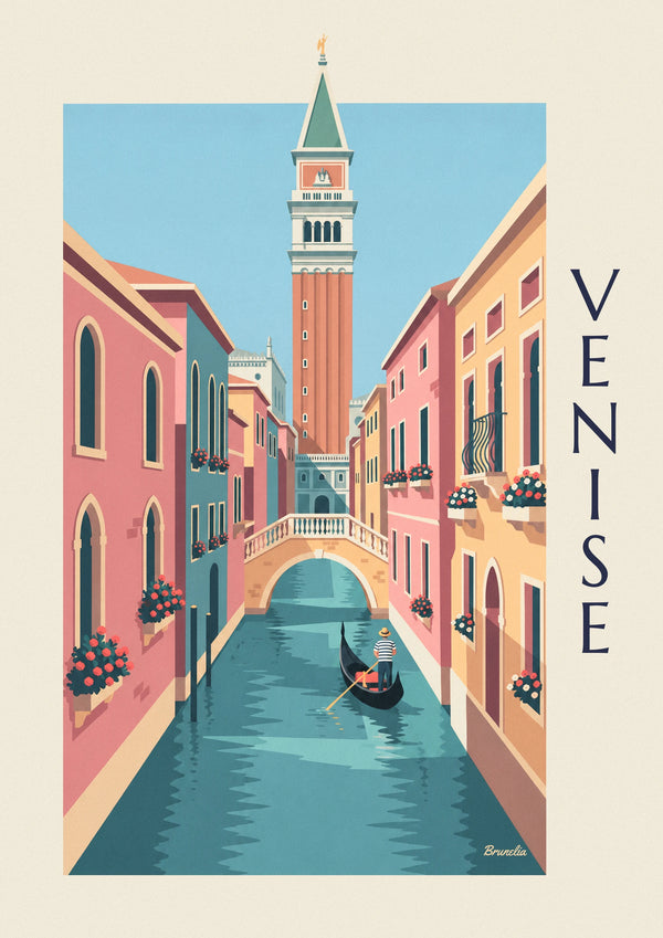 Poster Gondoliere auf einem kleinen Kanal unter dem Campanile in Venedig