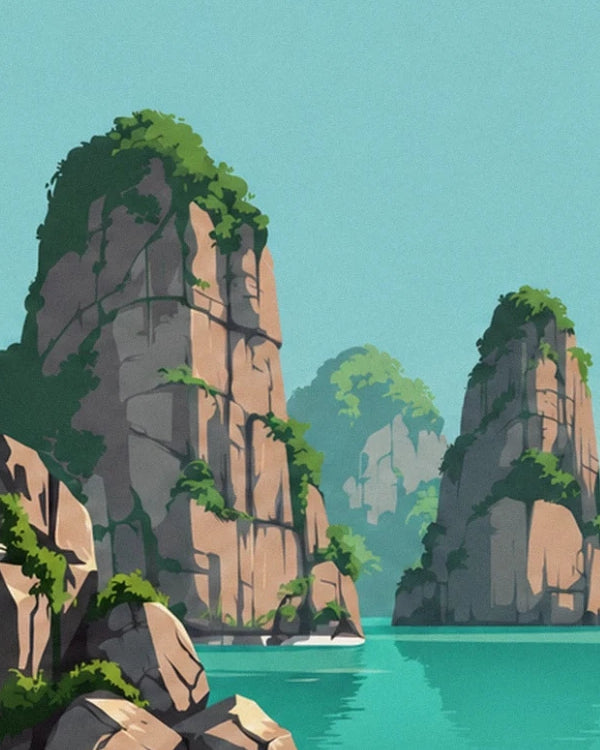 Felsspitzen mit goldenen Flächen und grüner Vegetation in der Halong-Bucht