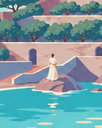 A figure in a white dress on the rocks, in front of the steps and lemon trees