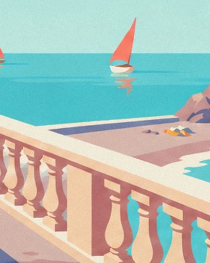 The sunlit balustrade facing the turquoise bay and the sailing boat with its coral sail