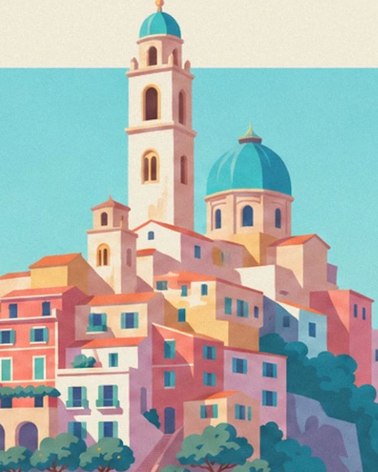 The bell tower and turquoise dome above the colourful houses of the côte amalfitaine