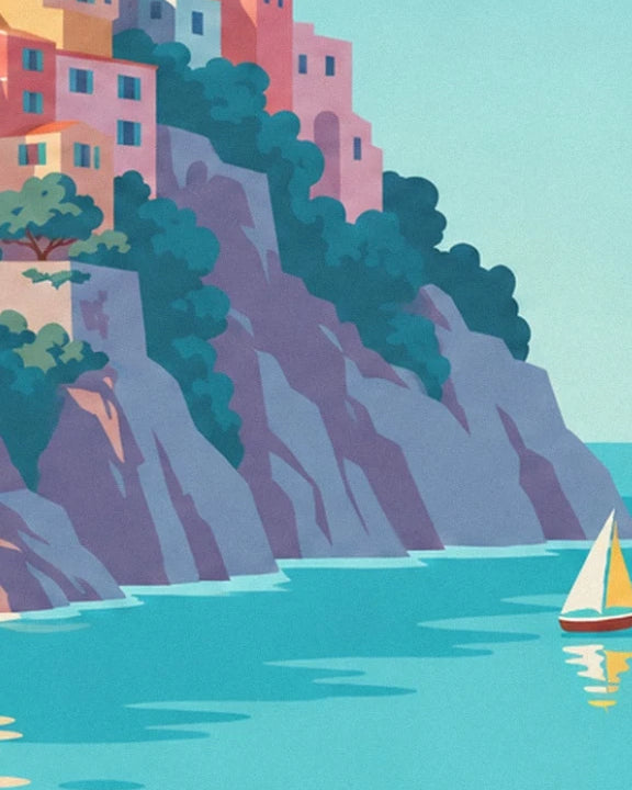 Cliffs with mauve shadows, lined with pastel houses and vegetation