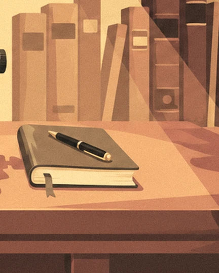 A green notebook and its black pen on the desk, in front of the books