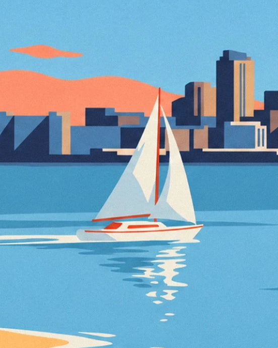 The sailing boat with white sails and its reflections in the blue harbour of Auckland