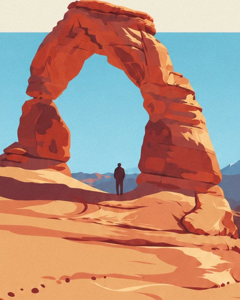 L’arche de grès rouge de Delicate Arch et un personnage sous le ciel bleu