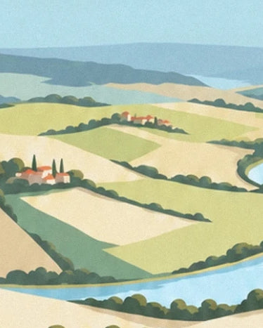 Les champs verts et dorés, les maisons aux toits rouges et la rivière sinueuse