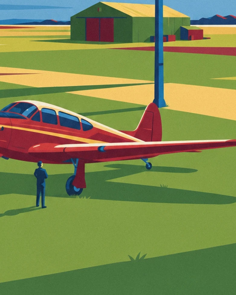 The red and cream aeroplane beside a figure in blue, in front of the airfield hangar