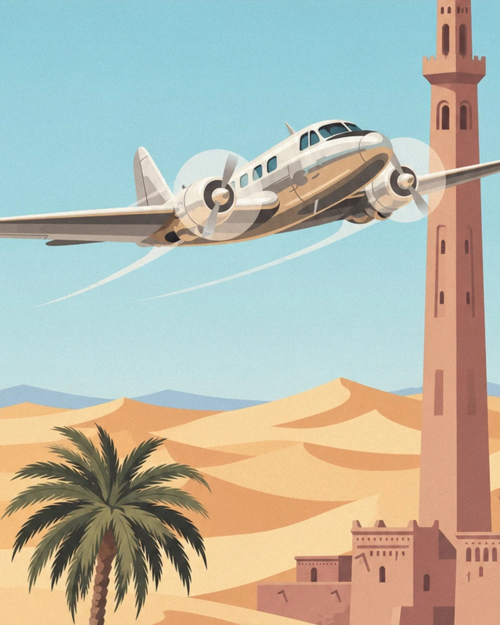 Das silberne Flugzeug über den Dünen zwischen einer Palme und einem hohen ockerfarbenen Turm