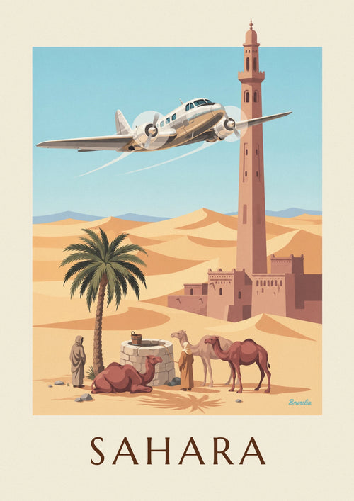 Poster dreimotoriges Flugzeug über einer Oase und den Dünen der Sahara: das ganze Poster