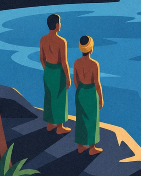 Die 2 Figuren in grünen Sarongs von hinten, mit Blick auf das blaue Meer von Bali