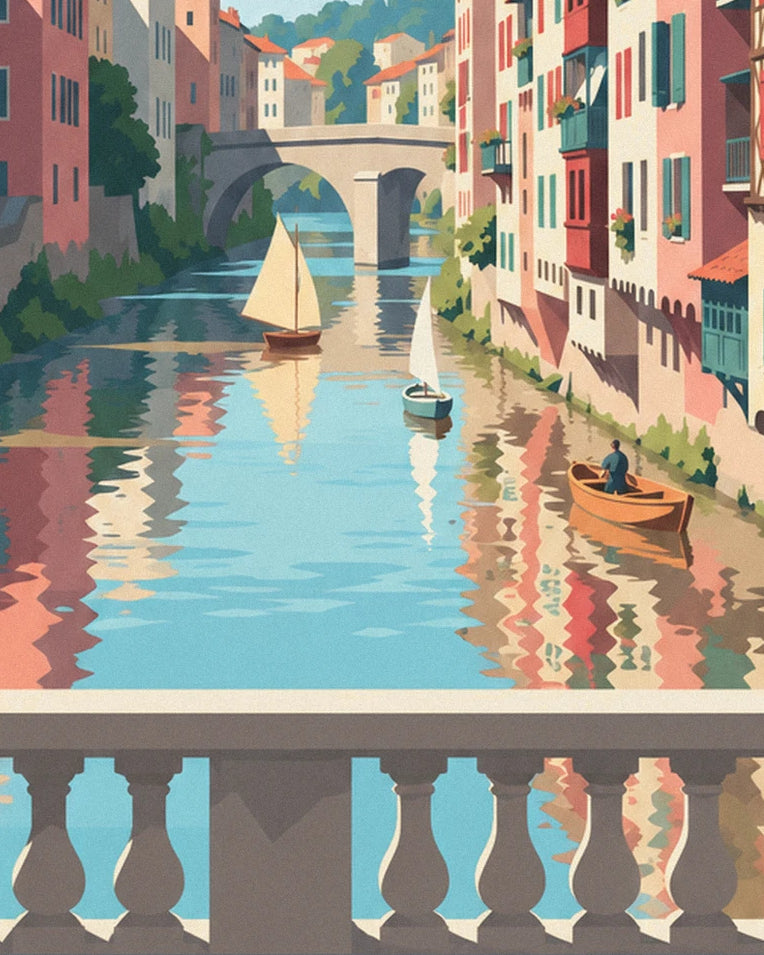Colorful Petit Bayonne quays on the Nive poster: close-up detail
