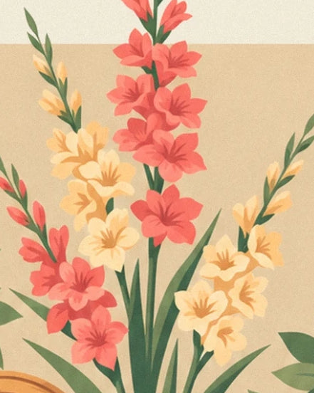 Des glaïeuls corail et jaune pâle aux longues feuilles vertes sur fond beige